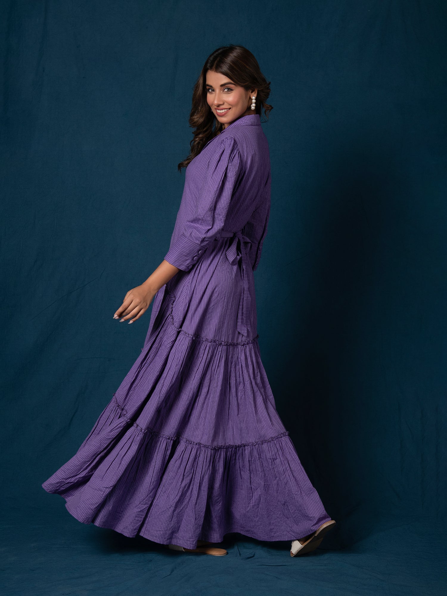 BREEZY PURPLE COTTON KANTHA TIERED DRESS