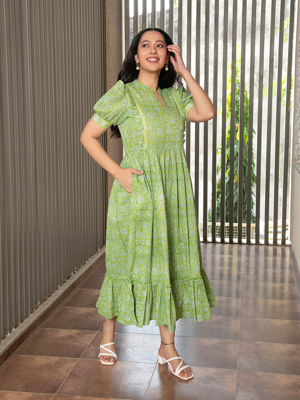 MULMUL GREEN FLORAL JAAL BLOCK PRINTED DRESS