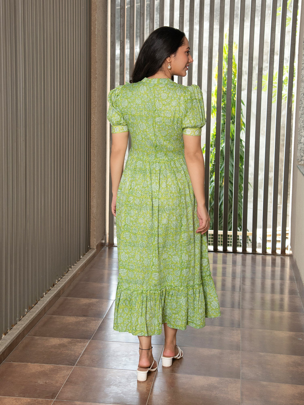 MULMUL GREEN FLORAL JAAL BLOCK PRINTED DRESS