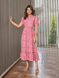MULMUL PINK FLORAL JAAL BLOCK PRINTED DRESS
