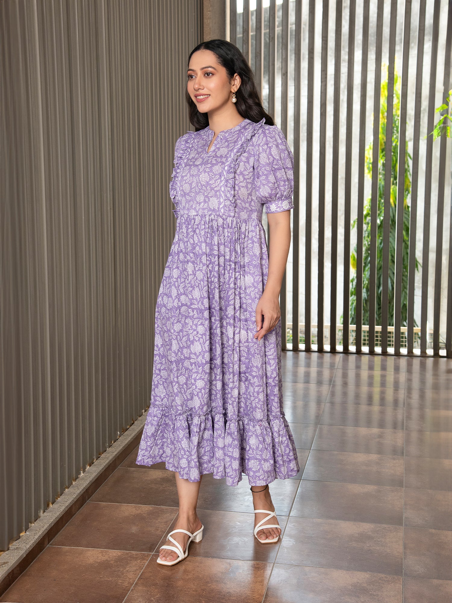 MULMUL PURPLE FLORAL JAAL BLOCK PRINTED DRESS