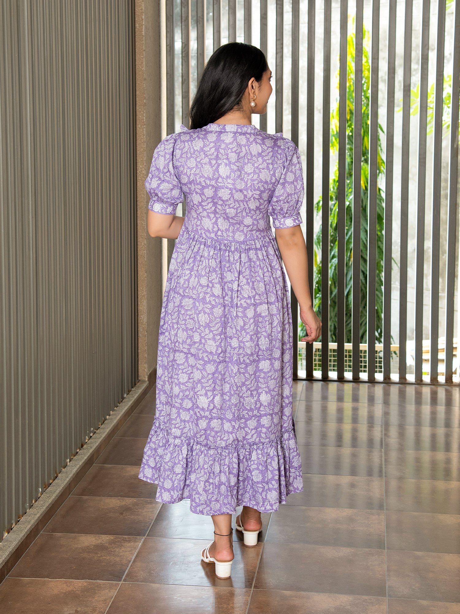 MULMUL PURPLE FLORAL JAAL BLOCK PRINTED DRESS