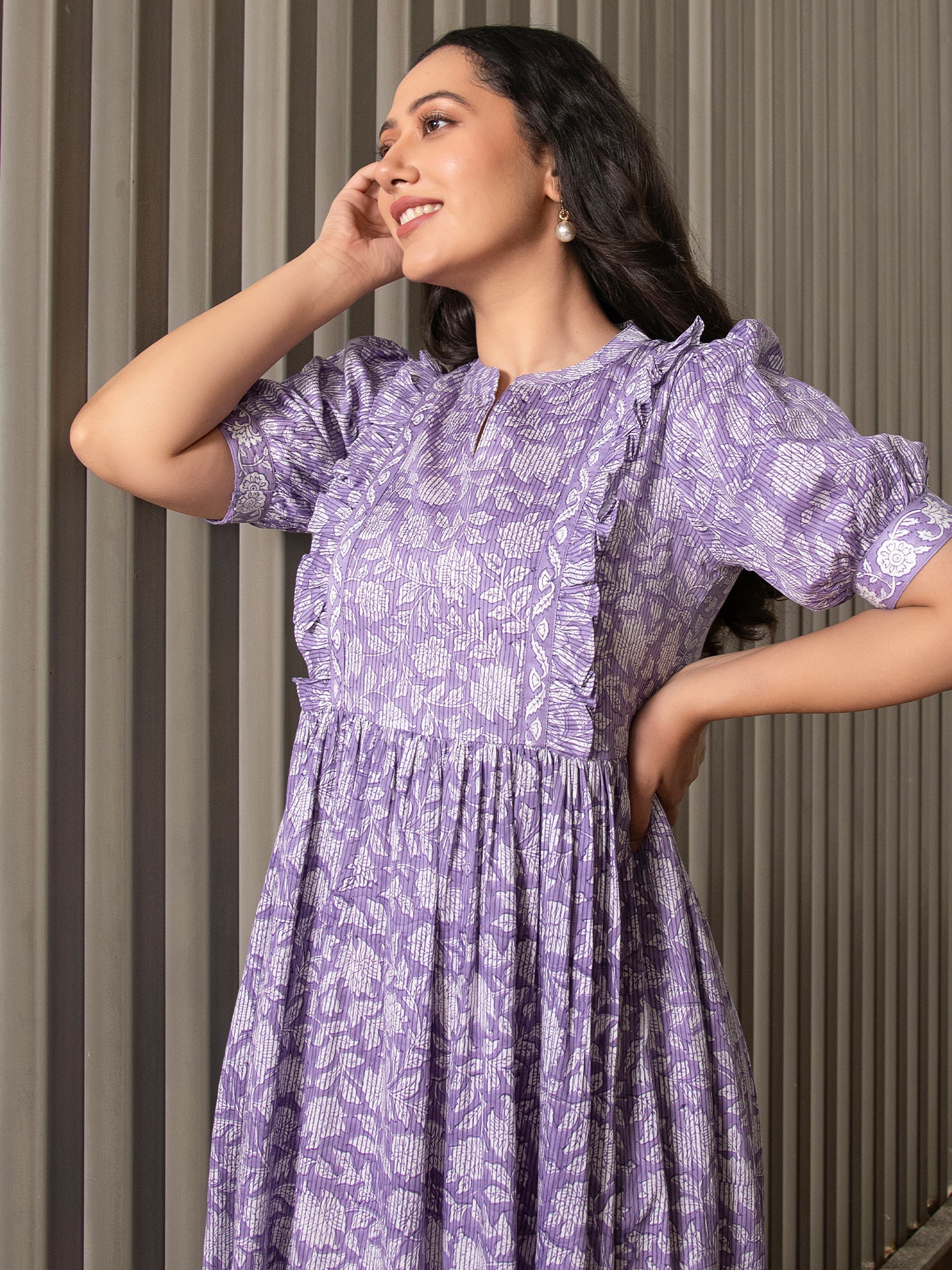 MULMUL PURPLE FLORAL JAAL BLOCK PRINTED DRESS
