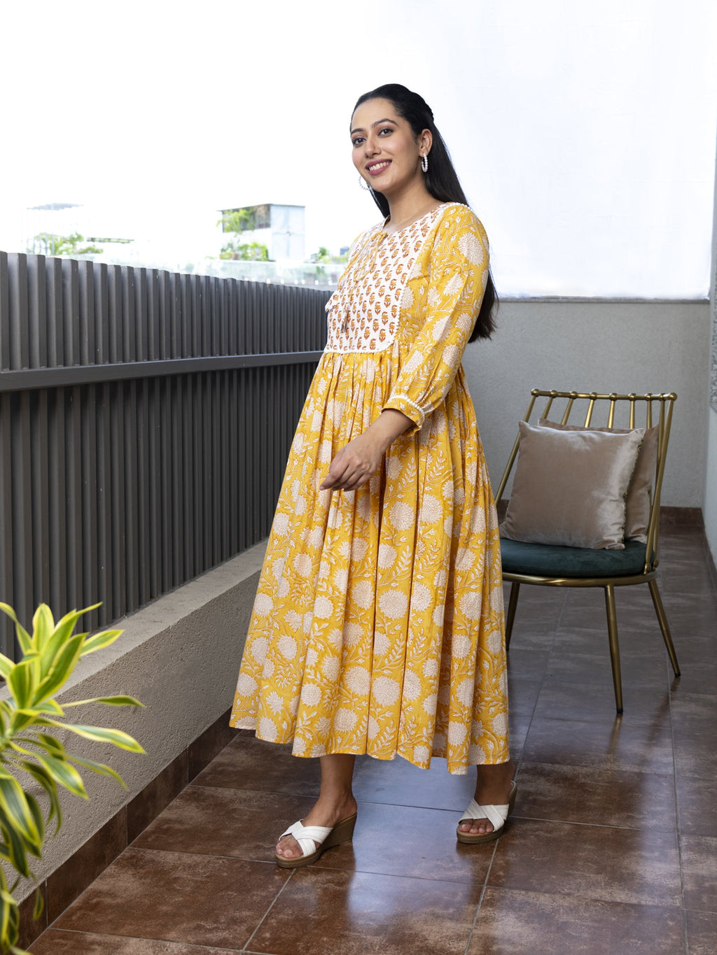 MULMUL ARUNIMA FLORAL BLOCK PRINTED DRESS