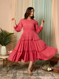 AAHELI RADIANT MEADOWS CERISE PINK COTTON KANTHA TIERED DRESS