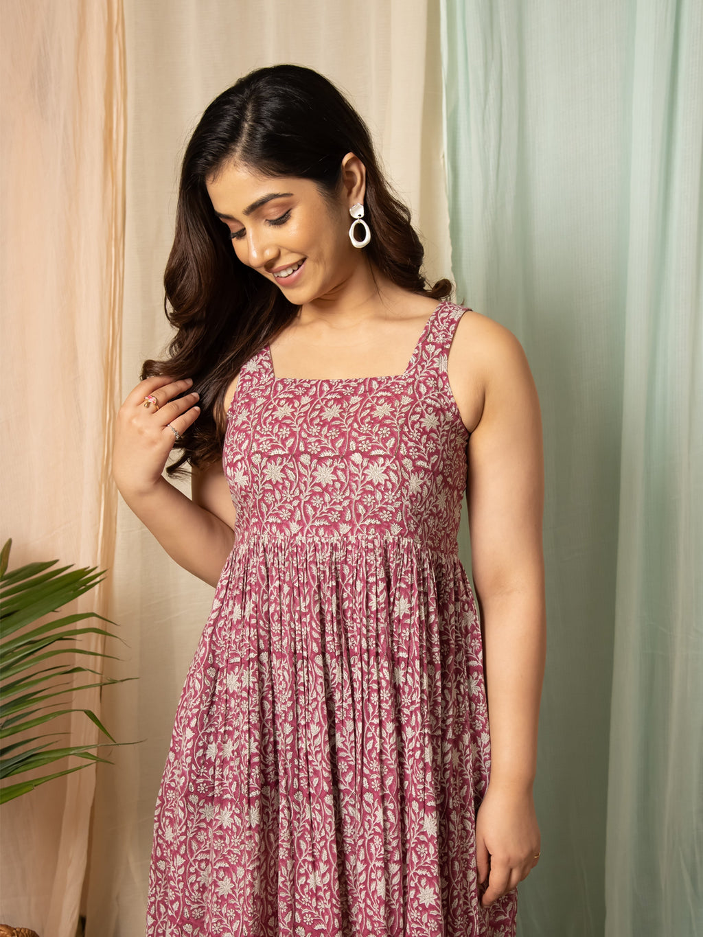 MULMUL NEITY FLORAL JAAL HAND BLOCK PRINTED MIDI DRESS