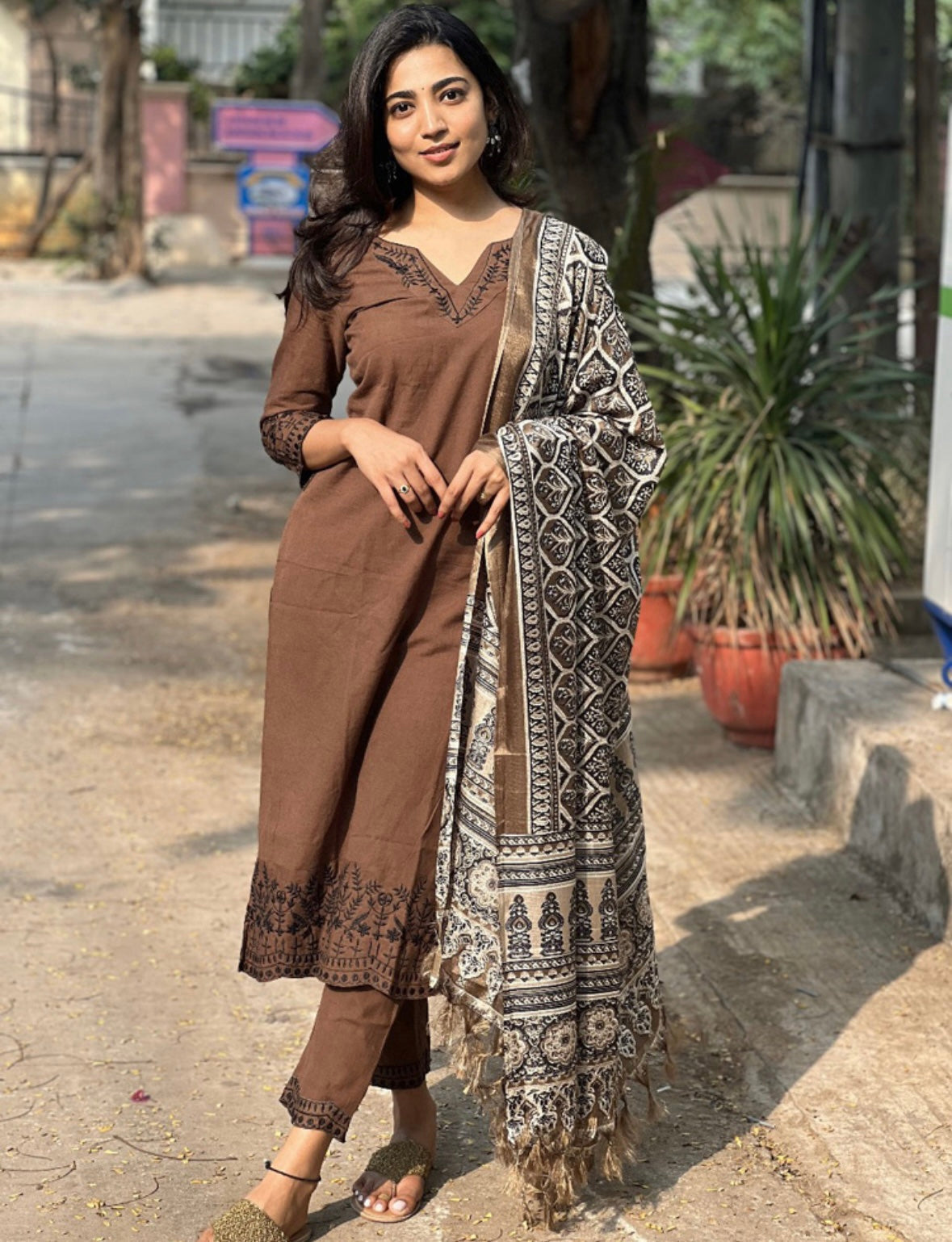 Brown Embroidered Cotton Suit Set with Dupatta