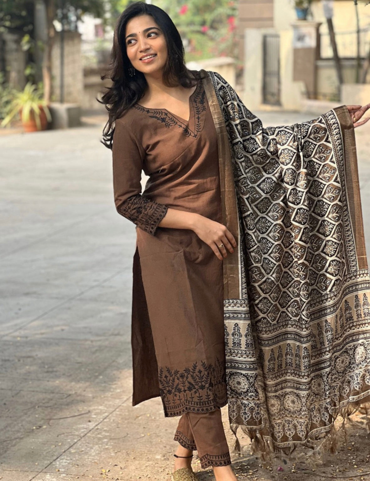 Brown Embroidered Cotton Suit Set with Dupatta