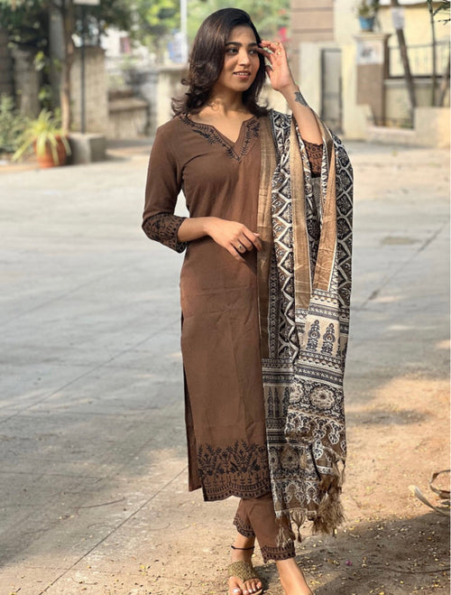 Brown Embroidered Cotton Suit Set with Dupatta